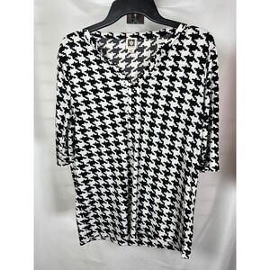 Anne Klein Womens Houndstooth V-Neck Blouse Black White Elbow Sleeve Top Size M